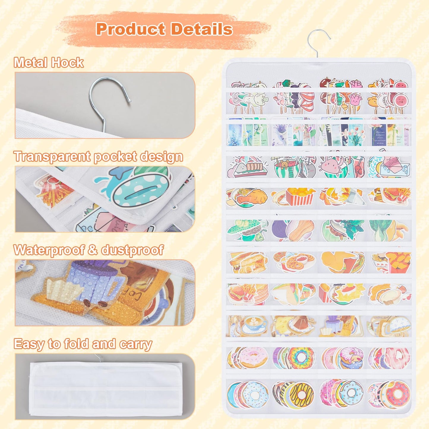 Faccito 1 Pcs White Hanging Sticker Display Organizer, Double-sided 80 Pocket for 4'' Large Stickers Storage, Portable Wall-hanging Decal Chart Holder for Vendors Collectors Trade Shows