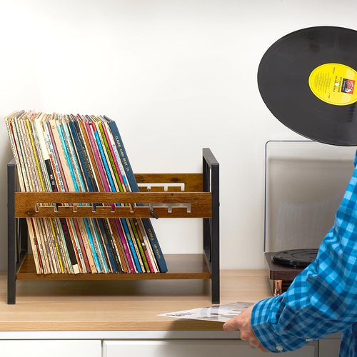 Edergoo Retro Vinyl Record Storage Rack, Metal & Wood Record Holder with Adjustable Dividers, Holds 80–100 Albums, Desktop Organizer for Records, Books & Files