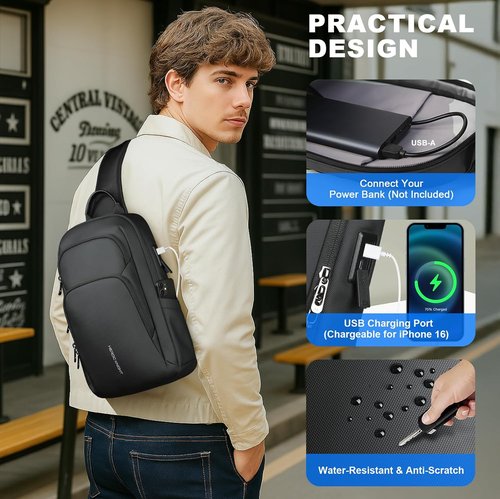 **hk Sling Bag for Men - Lightweight Waterproof Crossbody with Tablet Pocket & USB Charging Port**