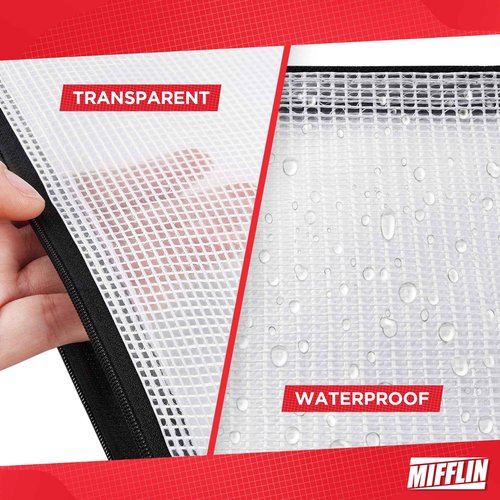 Mifflin-USA - Mesh Zipper Pouch Document Bag - Black, A4 Letter Size, 50 Pack - Clear Travel Zipper Bags - Waterproof Plastic Pouches - Large (L) Zip Pouch