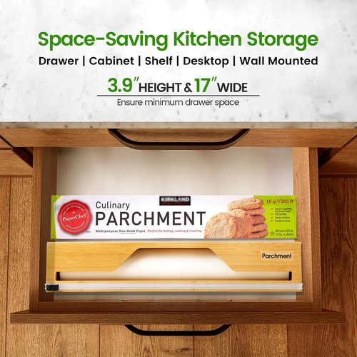 Libreshine 15 Inch Parchment Paper Dispenser with Cutter for Costco-Sized Roll, Bamboo Kitchen Drawer Organizer for Foil & Wax Paper, Wall-Mounted Large Food Wrap Holder