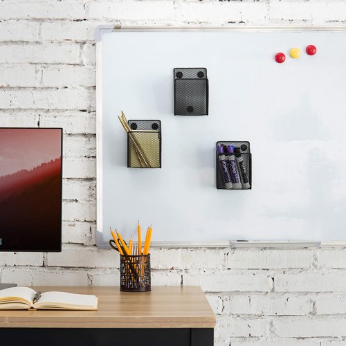 MyGift Set of 3 Magnetic Dry Erase Marker Holder, Silver Wire Storage Basket Office Supplies Organizer, White Board Pen Holders (Black)