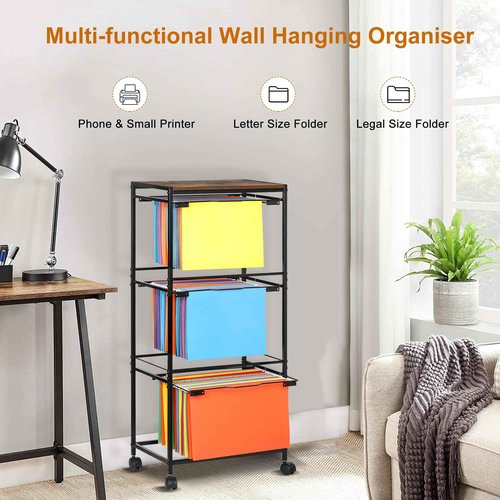 TQVAI Hanging File Folder Organizer, 3-Tier Rolling File Cart with Wheels, Letter Legal Size Folders Hangers for Office, Home, Classroom, Black