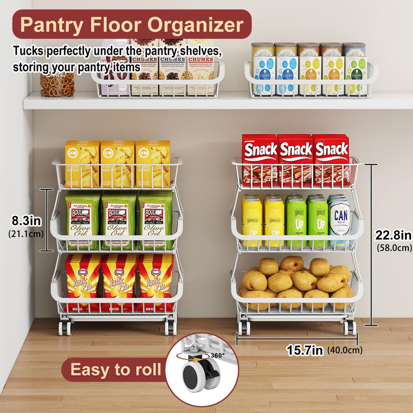 3-Tier Rolling Pantry Cart with Wheels, Stackable Wire Storage Floor Organizer for Kitchen Pantry Snack Shelves, Fruit Basket Stand, Vegetable Storage Rack for Food Snacks Onion Potato, White