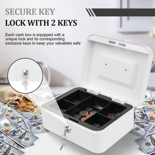 POLSPAG Cash Box with Key Lock Metal Money Box with Removable Coin Tray Medium Safe Lock Box Durable Money Saving Organizerfor Security Lock Safe Box for Office Small Business 7.87 x 6.3 x 3.54 inches
