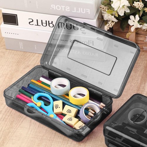 Blulu 6 Pack Large Plastic Pencil Case Clear Pencil Boxes Bulk Hard Crayon Box Storage with Lid Snap 8.1 x 4.7 x 2.2 Inch Gray Closure Painting Marker Organizer Large Capacity Back to Supplies