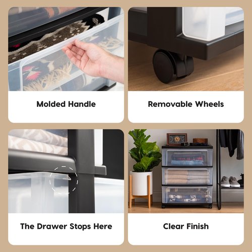 IRIS USA Plastic Drawer Storage Organizer Rolling Cart, with Wheels Casters, 3-Drawers, for Art Craft Supplies Bathroom Dorm Bedroom Laundry Room, Wide, Black