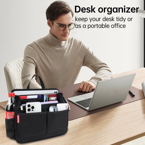 DELTAMANN Rugged Organizer Insert for Briefcase Tote Shoulder Messenger Bag - 19 Pockets,Durable Padded Nylon,Handle (Small,Black)