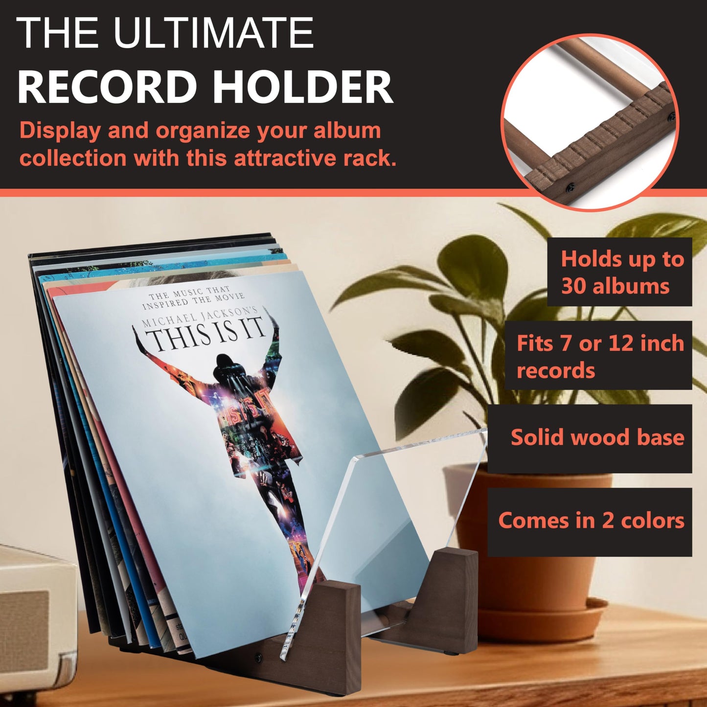 KAIU Vinyl Record Storage Holder - Stacks up to 30 Albums, 7 or 12 inch - Solid Wood Stand with Clear Acrylic Ends - Display Your Singles and LPs in This Modern Portable Rack Unit
