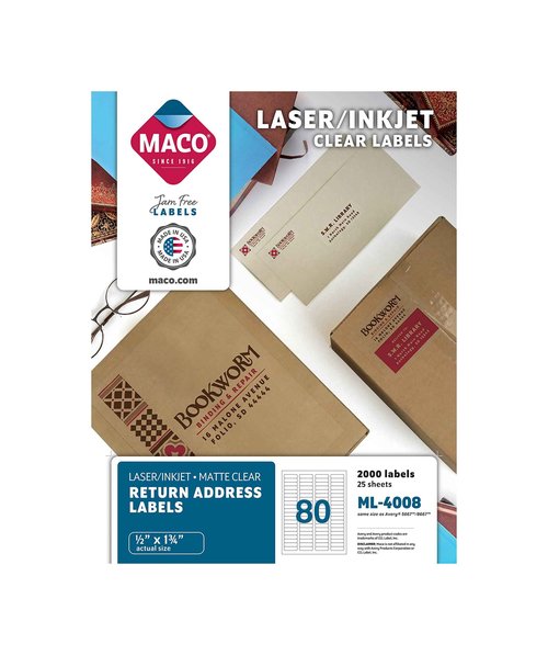MACO Laser/Ink Jet Glossy Clear Return Address Labels, 1/2" x 1-3/4", 80 per Sheet, 2000 per Box (ML-4008)