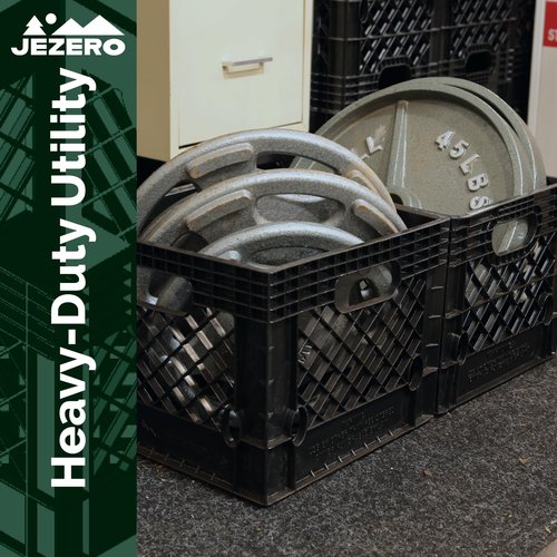 JEZERO 16 Quart Heavy Duty Plastic Crate | Stackable Multi-Purpose Storage Bin for Garage, Home, Office, Groceries, Outdoor, Camping & Kayaking | Black Utility Tote, 13" x 13" x 11"