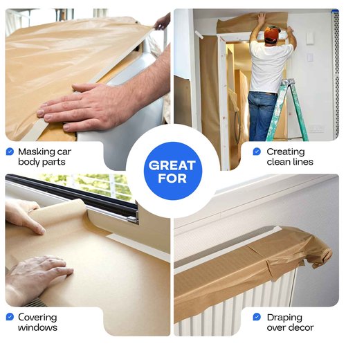IDL Packaging Masking Kit -12" x 60 Yards Brown Masking Paper (1 Roll) & 1.41" x 60 Yards White Tape (1 Roll) & Masking Paper/Tape Dispenser (Built-in Blade)