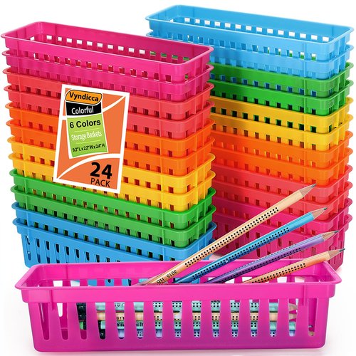 Vyndicca Pencil Organizer Tray - 24 Pack Plastic Classroom Pencil Holder, Small Trays, Colorful Crayon Storage for Classroom & Office, 9.3 L x 2.2 W x 2.4 H