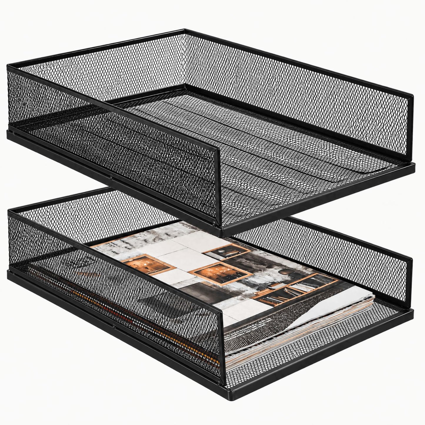 YOUEON 2 Pack Wire Mesh Letter Trays 12.8"x10"x2.9", Stackable Paper Tray Organizer for Desk, Metal Desk Magazine File Holder for Home, Office, School