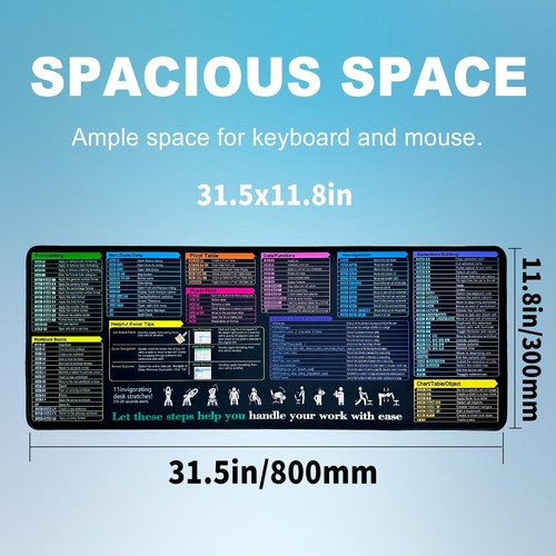 LOHACKASY Waterproof Excel Cheat Sheet Desk Pad, Large XL Gaming Mousepad|Office Keyboard Pad|Computer Mat with Excel Shortcuts (31.5"x11.8") (Excel-05, 31.5"x11.8")