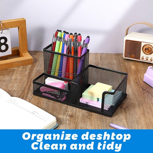 mekueeex Mesh Pen Pencil Holder Note Holders Desk Organizer, 3 Compartment Wire Desktop Pen Pencil Cup Caddy Office Supplies Accessories for Home Office School, Black(4 Pack)