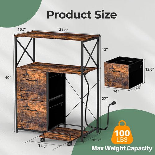 Vestibk Printer Stand for Home Office, 31.5 x15.7 x 40 Inches Large Mobile Printer Table with Adjustable Storage Shelf, 2 Drawer File Cabinets Rolling Cart with Wheels for Host Computer - Rustic Brown