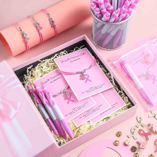Ferreve 192 pcs Breast Cancer Awareness Items Bulk Pink Cancer Patients Survivor Gifts Include Pink Ribbon Pens Pins Bracelets Organza Bags Cancer Survivor Campaign Supplies for Theme Charity Event