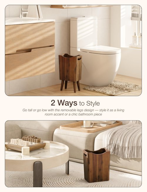 TIDITA 2 Gallons Wooden Trash Can 4 Legs - Acacia Wooden Bin, Wood Bathroom Accessories - Small Bin, Waste Basket For Bedroom, Office Garbage Can - Bathroom Trash Can, Assembly Required (Walnut color)