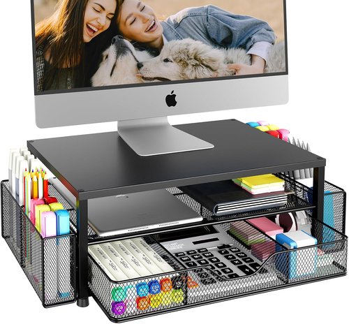 OPNICE Desk Organizer - 2-Tier Computer Monitor Stand Riser with Drawer & Pen Holders | Black