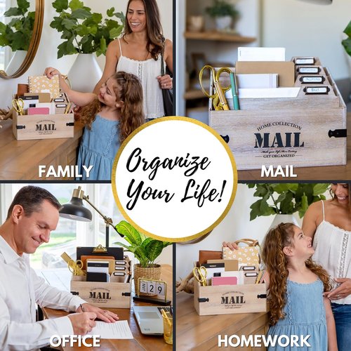 25DOL Mail Organizer XXL Desktop Mail Holder - Wooden Desk Organizer, File Holder and Mail Sorter - 7 x 10.8 Inch Letter Sorter - Rustic Desk Organizers and Accessories, File Folder