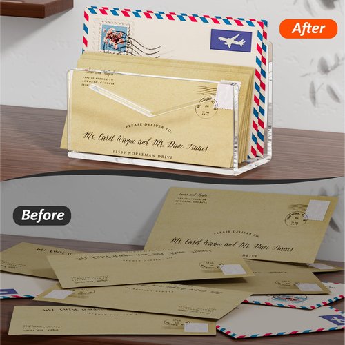 FUCDTEFC Acrylic Mail Holder, Clear Acrylic File Letter Organizer, Vertical Envelope Mail Holder for Desk, Lightweight Countertop Bill Holding Sorter Letter Invoice Stand for Home Office School