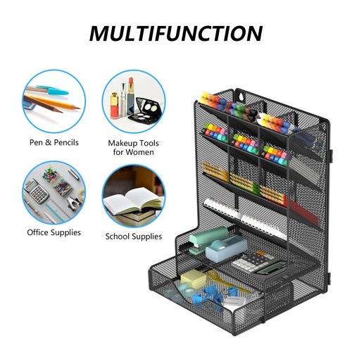 Pen Organizer for Desk, Multi-Functional Desk Organizer, Wall Mount Pen Holder with Drawer for School, Office, Home, Art Supplies, Black
