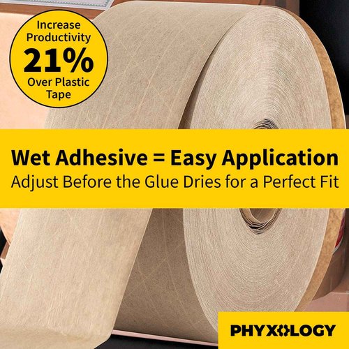 Ultra-Durable Water-Activated Tape for Secure Packing 2Pk. 2.75 in 450 Ft Brown Kraft Gum Tape Provides Heavy Duty Adhesive for Packaging and Shipping. Fiberglass Reinforced for Extra Strong Bond.