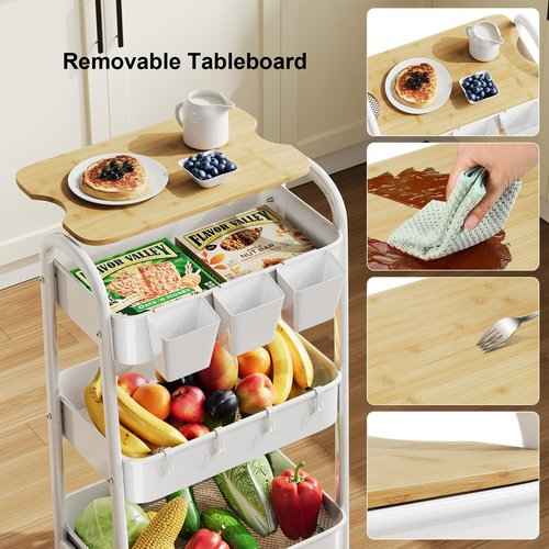 3 Tier Rolling Cart Metal with Wheels and Bamboo Table Top, Art Cart Organizer on Wheels, White Three Tiered Storage Utility Carts for Craft, Baby, Diaper Caddy,Coffee,Kitchen,Cleaning,Office Supplies