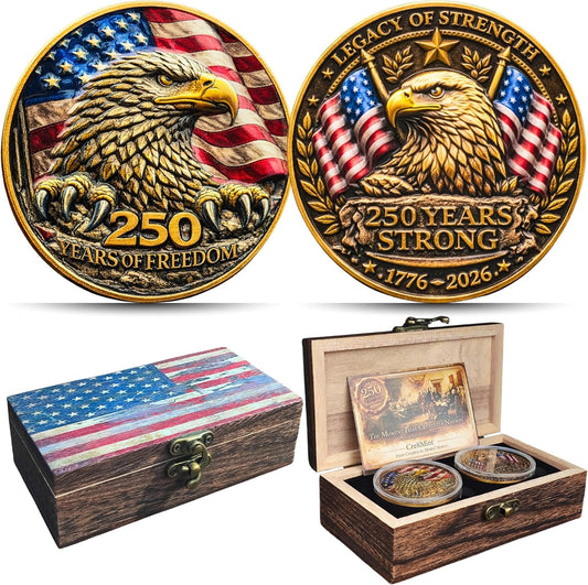 250th Anniversary USA Commemorative Coin Set - Patriotic Eagle & Liberty Bell Coins in Wooden Gift Box | 1776–2026 Collector’s Edition
