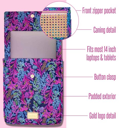 Lilly Pulitzer 14 Inch Laptop Case, Leatherette Computer Case with Pocket for Accessories, Padded Laptop Sleeve for 14" Computers and Tablets, Calypso Coast