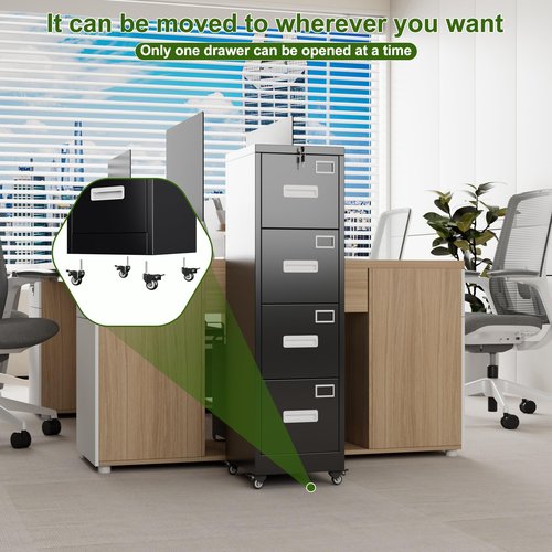 Aobabo File Cabinet 4 Drawer with Wheels, Lockable Office Metal Filing Cabinet with Name Card for Office and Home,Assembly Required,Black