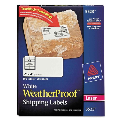 Waterproof Shipping Labels with TrueBlock and Sure Feed, Laser Printers, 2 x 4, White, 10/Sheet, 50 Sheets/Pack