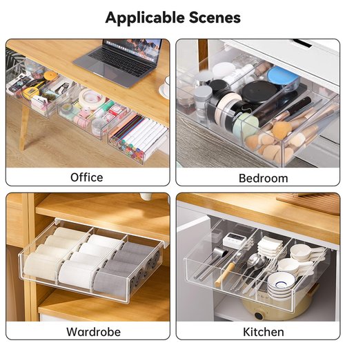 OTraki 3 Packs Under Desk Storage Drawer, Large & Medium & Small, Stick on Drawers Slide Out, Self-Adhesive Desk Amount Drawer Attach for Office, Home, School, Hidden Desktop Organizer, Clear