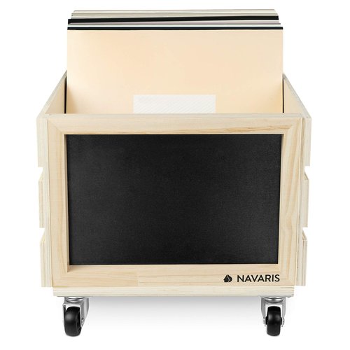 Navaris Wood Record Crate with Wheels - Vinyl Album Storage Holder Box Wooden Case with Chalkboard Sign Board - Holds up to 80 LP Records - Natural
