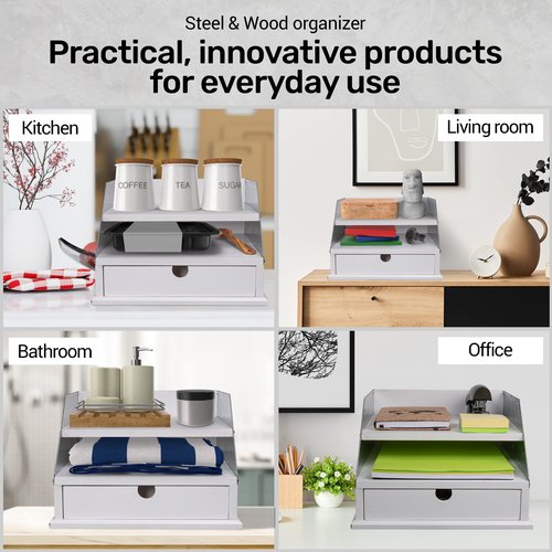 MissionMax White Country Steel Farmhouse Rustic Desktop Organizer with Two Shelves for Paper, Mail, Files, Magazines and a Drawer for Supply Storage