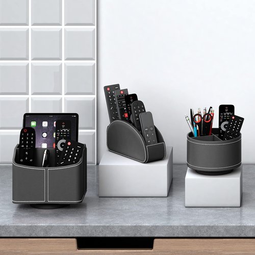 Thipoten Remote Control Holder for Table, Faux Leather Caddy/storage/Tray for Remote Controllers, Office Supplies, Perfect Space Saver for End Table/Nightstand/Office Desk (Black, Large)