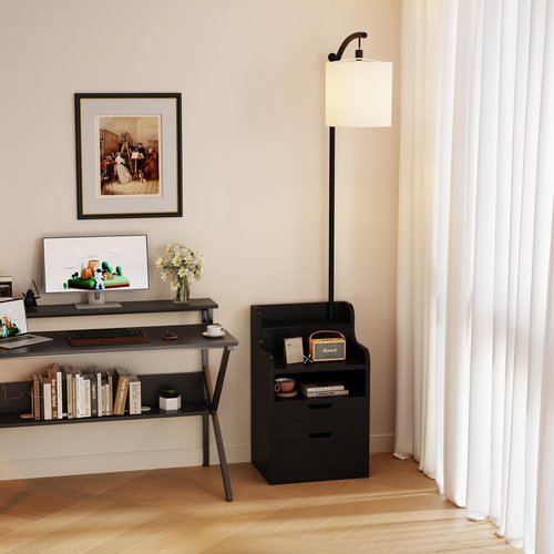 COTUBLR Floor Lamp with Table, End Table with Charging Station, Wooden Black Nightstand with 2 Drawers and LED Bulb, Modern Shelves Side Table for Bedroom Living Room Home Office