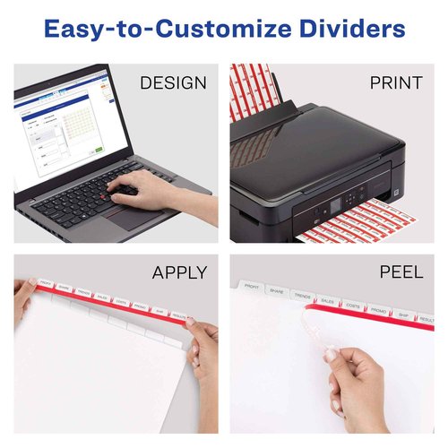 Avery 8 Tab Plastic Dividers for 3 Ring Binder, Easy Print & Apply Clear Label Strip, Index Maker Customizable Multicolor Tabs, 5 Sets (11433)