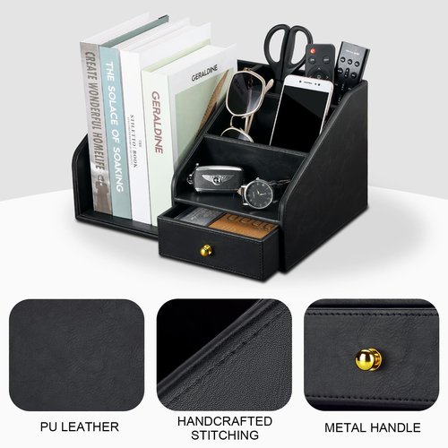 KINGFOM PU Leather Desk Organizer, Multifunction 6 Compartment Desk Organizers and Accessories for Office Supplies, Pen Pencil Holder/Book Mail Organizer Holder for Desk with Drawer(Black)