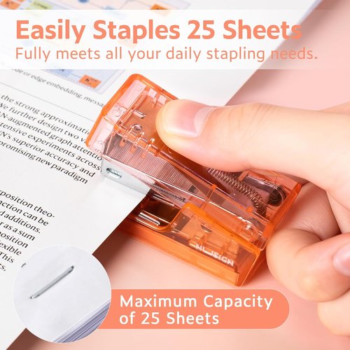 NUSIGN Mini Stapler - Cute Desk Stapler with 830 Staples | 25 Sheet Capacity in Clear Orange
