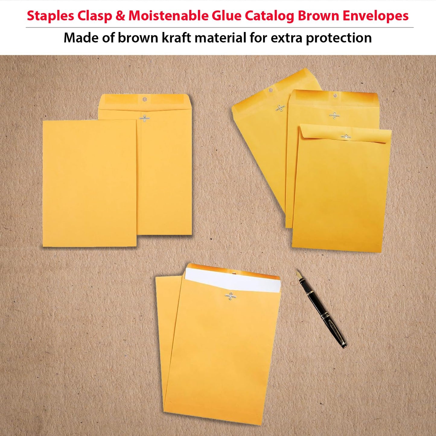 Staples 9 x 12 Kraft Clasp & Moistenable Envelopes, Brown Manila, Heavyweight Document Mailers with Metal Clasp, 100/Box
