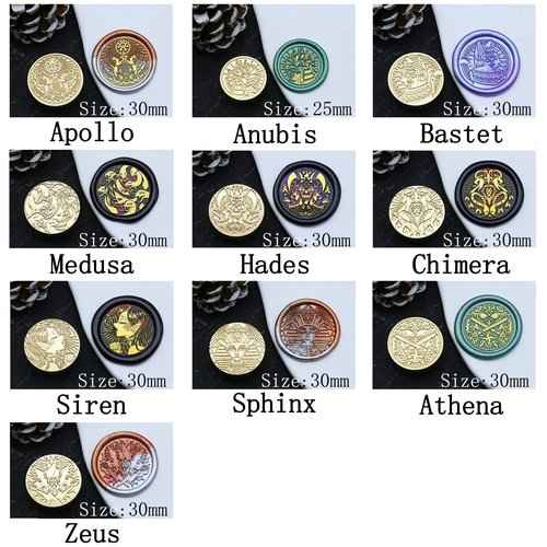 10PCS Mythical Wax Seal Set - Retro Brass Sealed Stamp, Removable Sealing Wax Stamp with 2 Handle (Thor,Anubis,Bastet,Medusa,Hades,Chimera,Siren,Sphinx,Athena,Apollo)