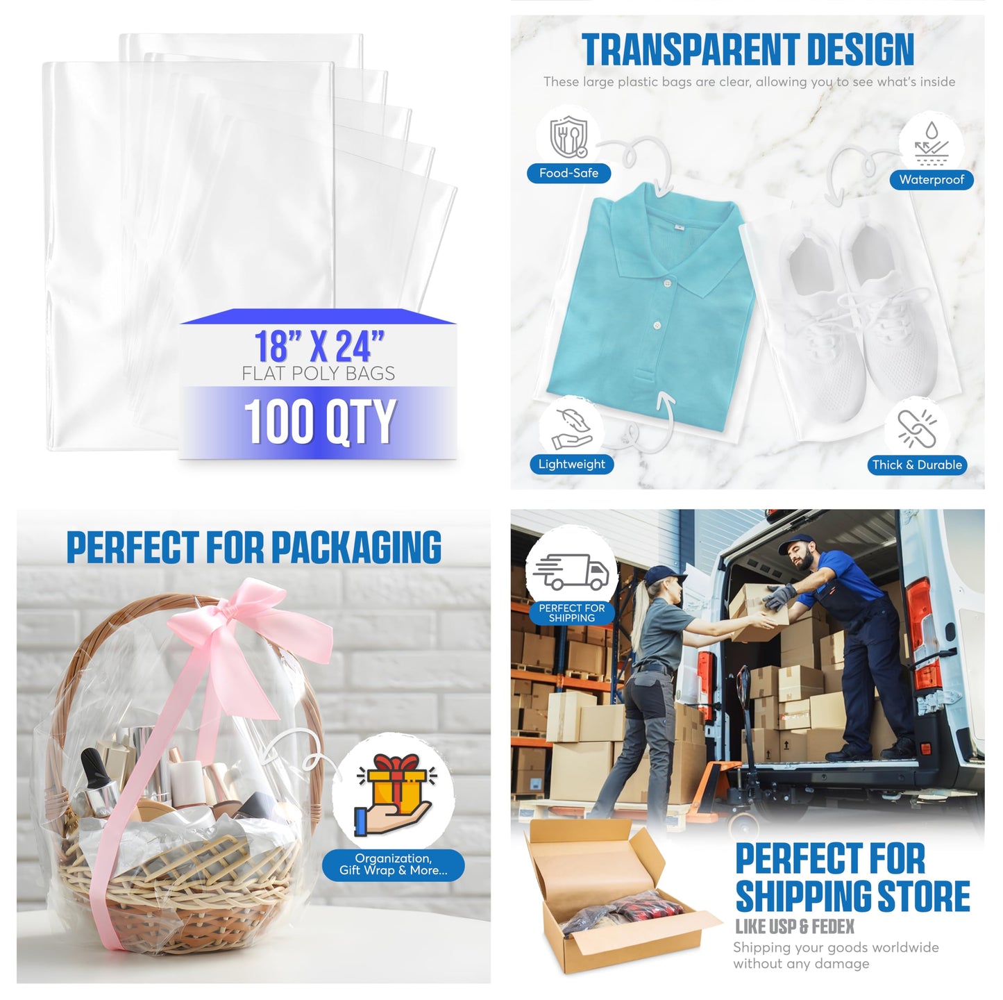 18x24 Clear Poly Bags 100 Pack - 1 Mil LDPE Heavy Duty Plastic for Shipping Storage Packing - Food Safe Freezer Bulk Commercial Industrial for Business Retail Warehouse