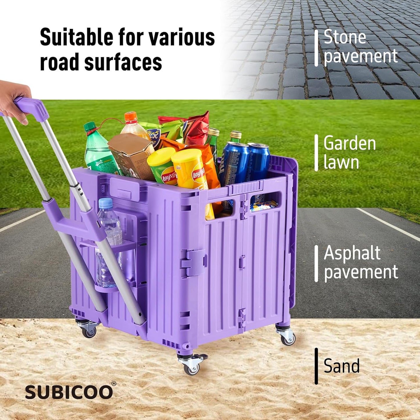 Skiennix Folding Utility Cart - Portable Rolling Handcart with Lid & 4 Swivel Wheels | Purple