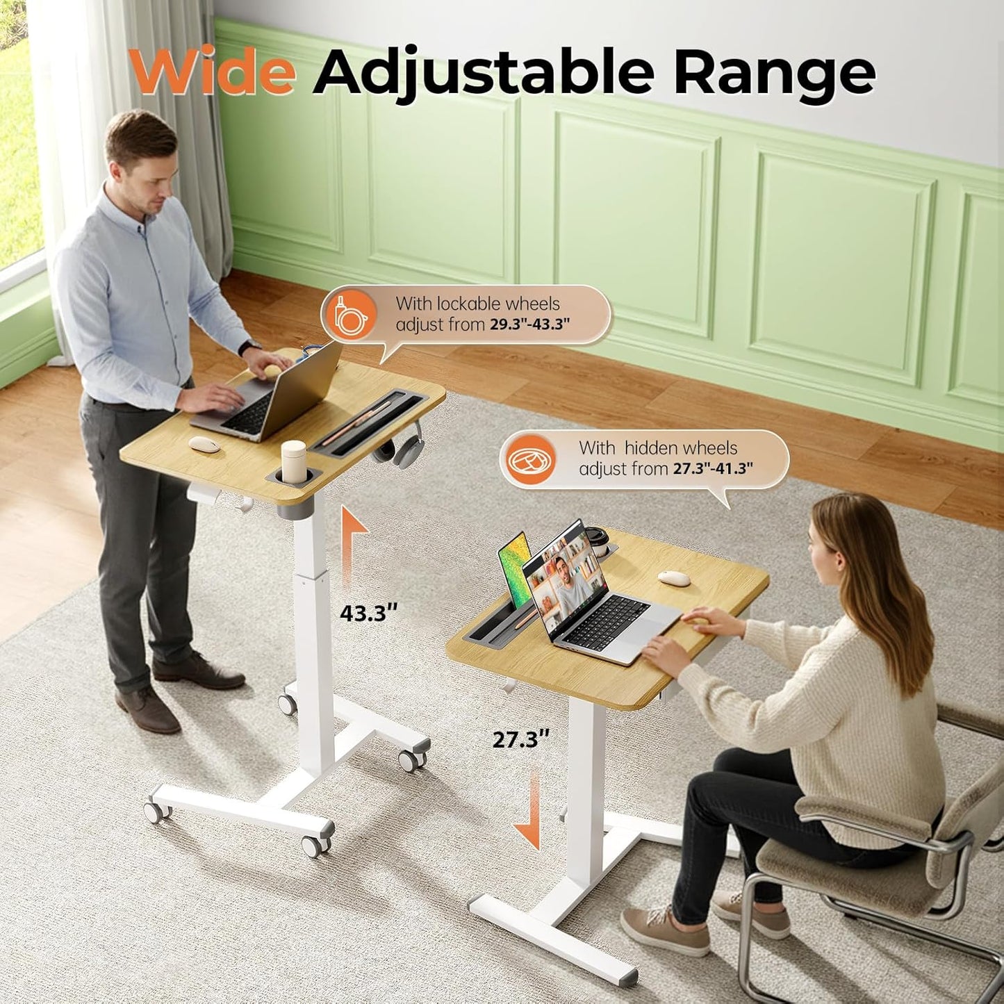 Skiennix Mobile Standing Desk - Height Adjustable Rolling Workstation with Drawer & Cup Holder | 28" Maple Finish