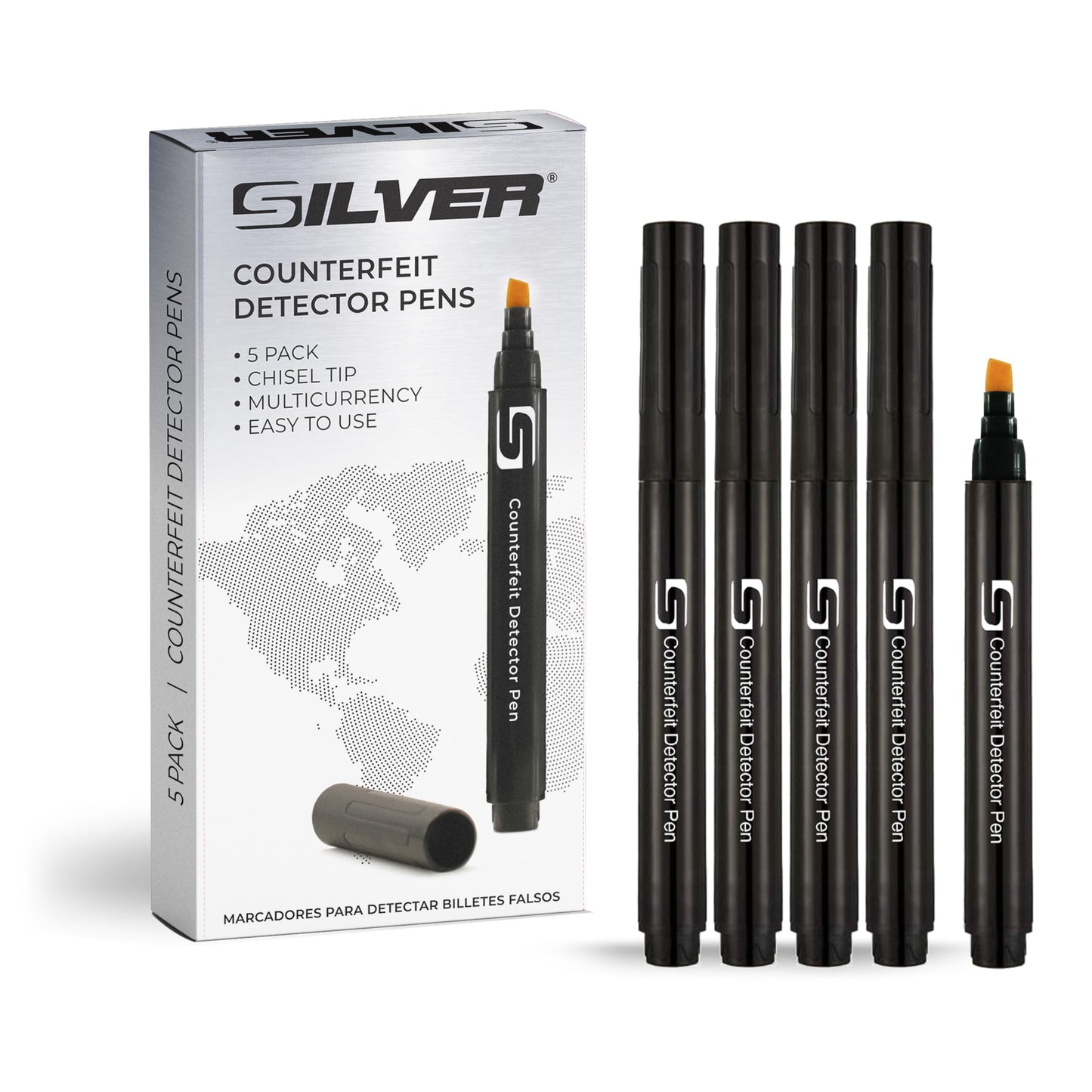 SILVER by AccuBANKER (5 Counterfeit Pens) Counterfeit Bill Detector Pen with Chisel Tip, Money Checker, Detector Pen Detects Fake Counterfeit Bills from Most World Currencies