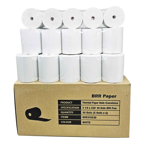 (30 Coreless Rolls - 50 GSM) 3 1/8 x 230 Thermal Paper Receipt Rolls fits all Clover POS Cash Register Printers for TSP500 TSP600 TSP 700 TSP2000 CT S300 from BuyRegisterRolls