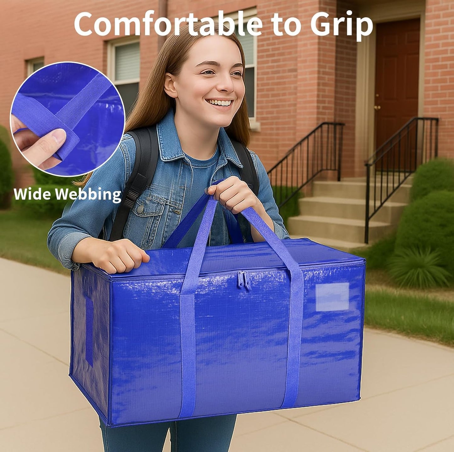 Skiennix Extra Large Heavy Duty Moving Bags - Waterproof Storage Totes with Handles & Zippers | 12 Pack (Blue)