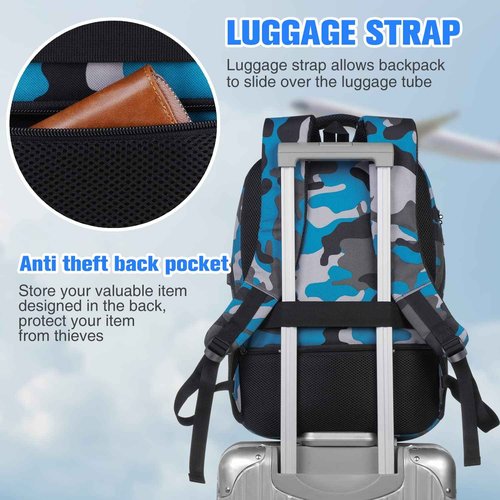 17 inch Backpack for Men,College Backpack School Bookbag for Teens,Travel Laptop Bookbag with USB Port and Headphone Hole,Camouflage Blue